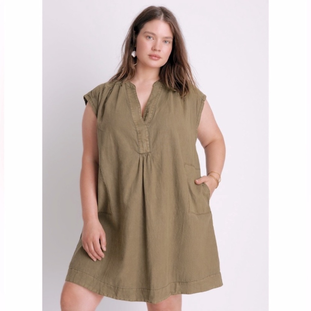 Anthropologie Kimber linen tunic pocket dress in olive Small 120$ boho spring